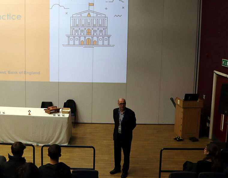 Ken Clarke from the Bank of England gives a talk to students