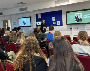 Photograph of Guest Leah Burman talking about her parents experience of the Holocaust